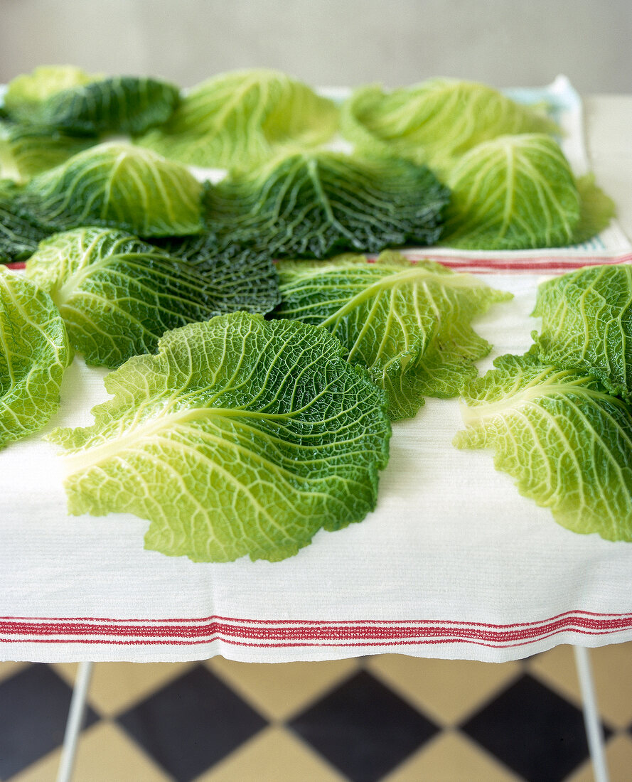 Leaves of savoy cabbage on white surface