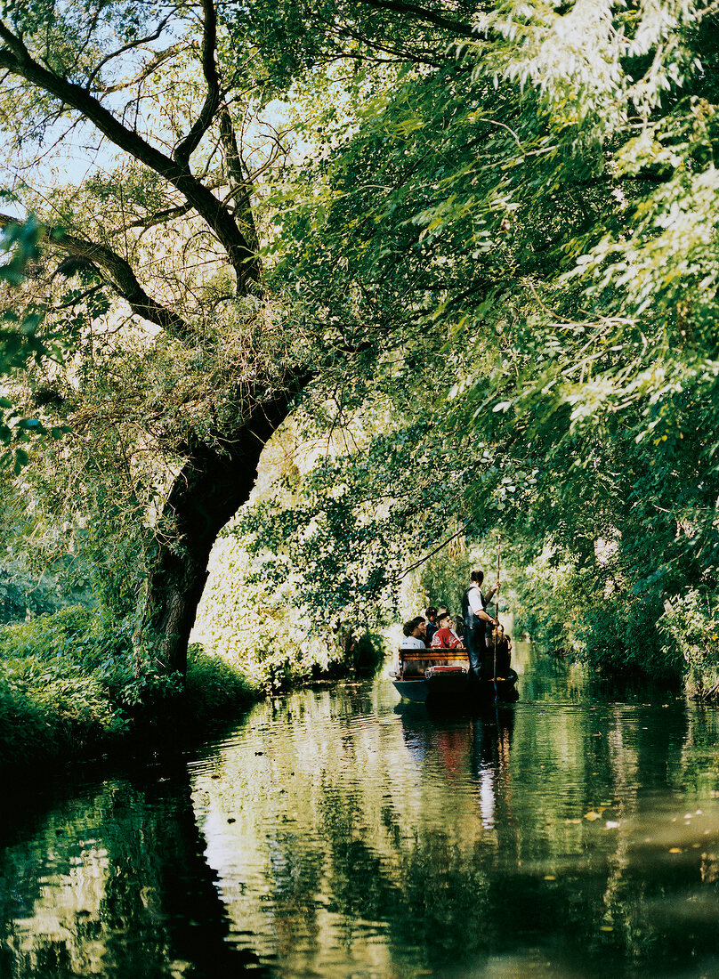 Kahnführer auf Kahnfahrt, auf romantischem Fluß im Spreewald