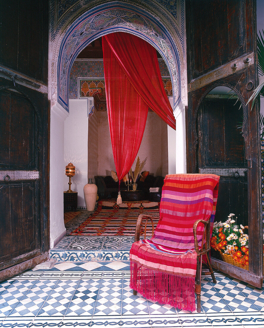 Interiors of Riad Dar Mouassine's archway with stucco ornament, Marrakech, Morocco