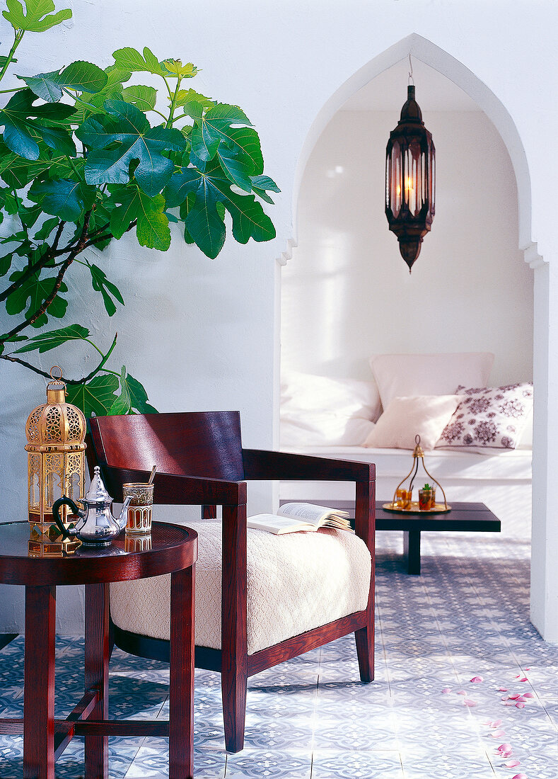 Living room with oriental style chair, table, sofa and fig tree