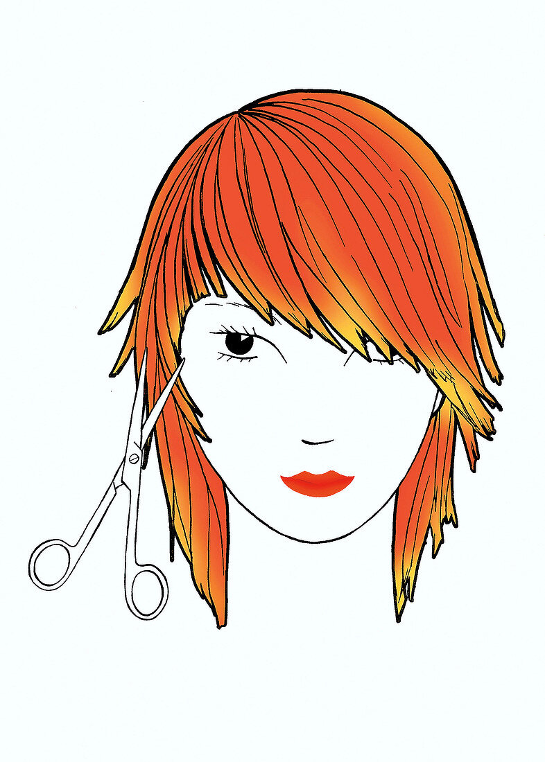Illustration, Zeichnung einer Frisur mit Schere, Rote Haare, Fransen