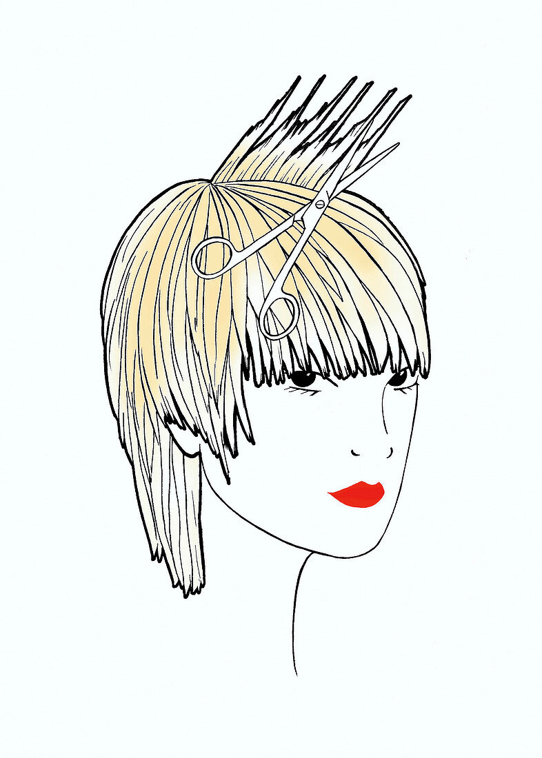 Illustration, Zeichnung einer Frisur mit Schere, bonde kurze Haare