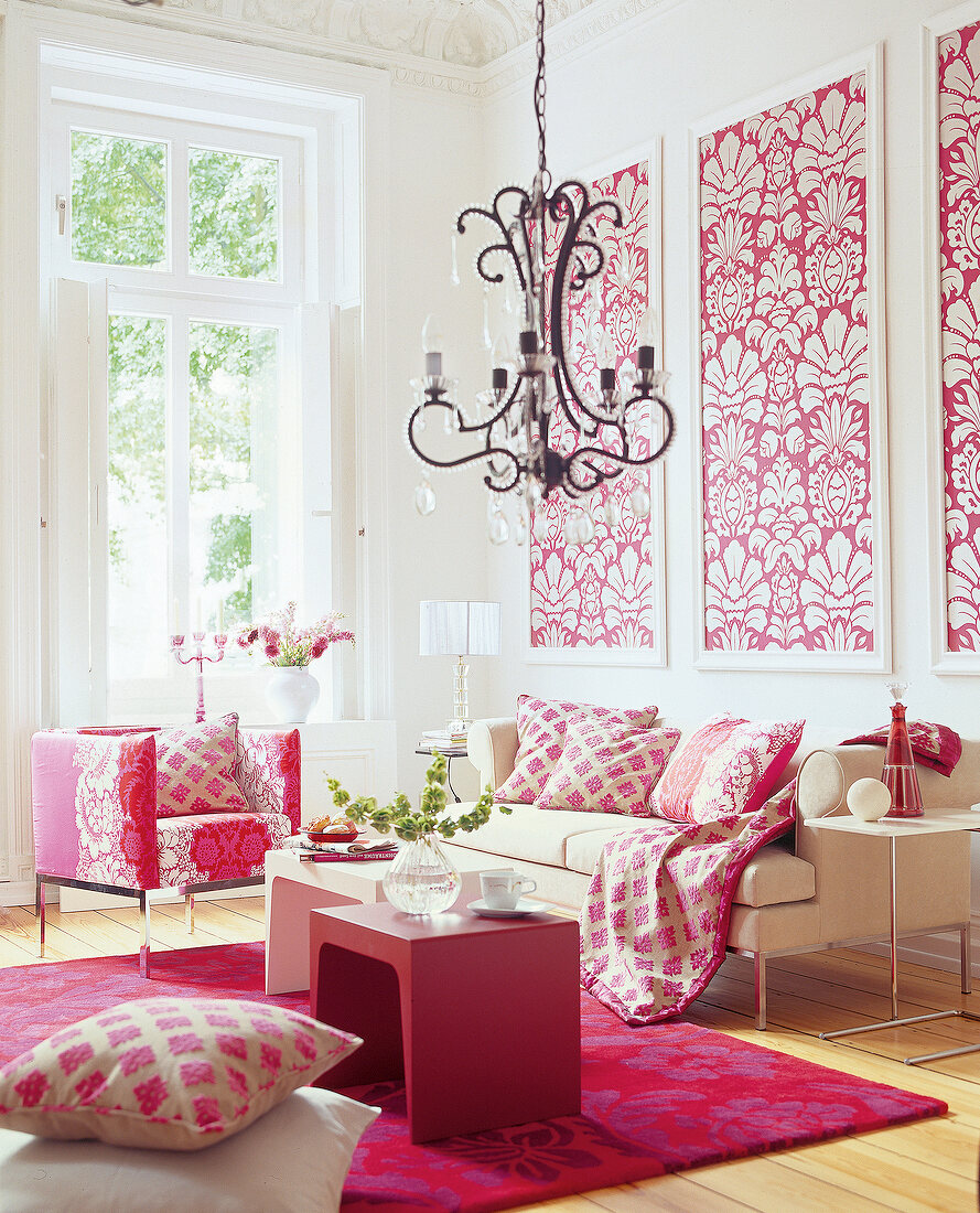 White and pink modern living room
