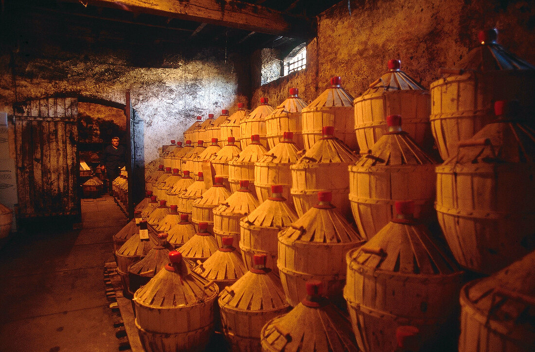 Barrels of wine cellar in a row