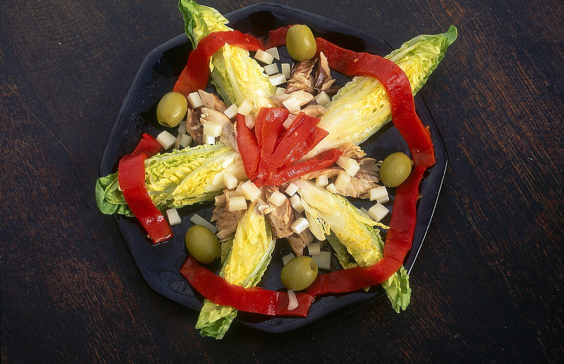 Tapas made with mackerel and lettuce on plate