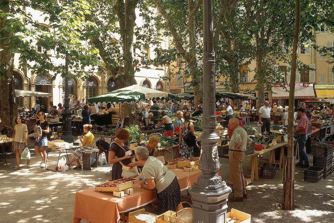 View of market in summer, Place Richelme, Aix-en-Provence, Germany