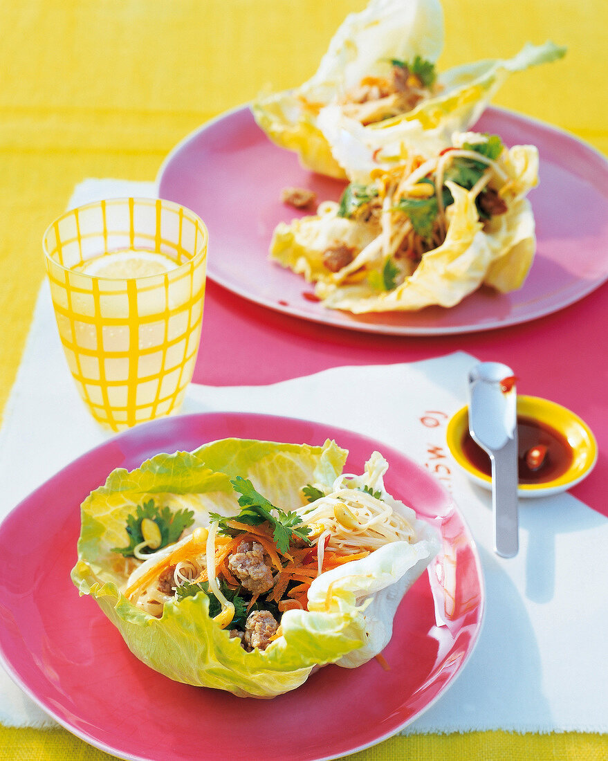 Thai salad rolls with glass noodles and vegetables on plate