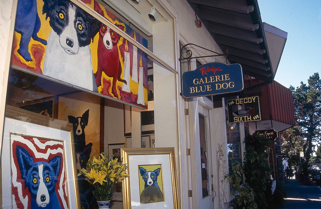 "Exterior view of ""Gallery Blue Dog"" in Carmel-by-the-Sea, California, US"