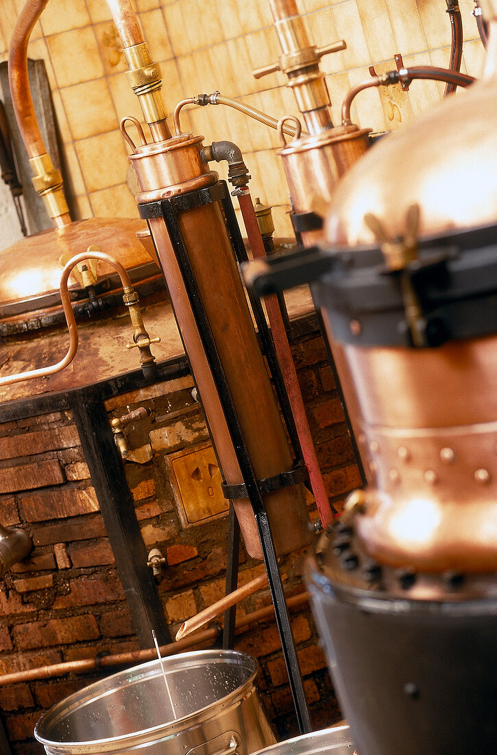 Close-up of copper pot kettle of Mette distillery in Ribeauville, France