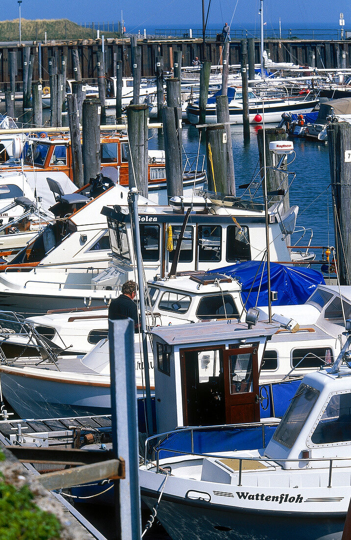 Motor boats moored at the port of Hornum, Sylt, Germany
