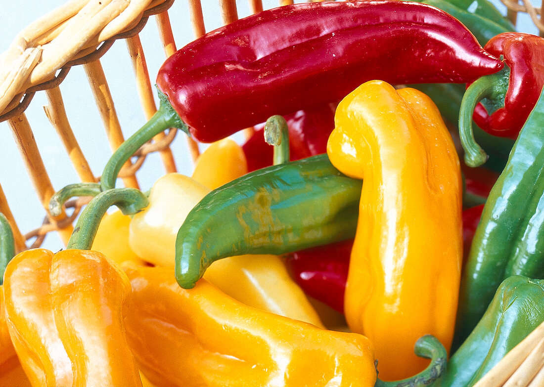 Close-up of yellow, red and green peppers