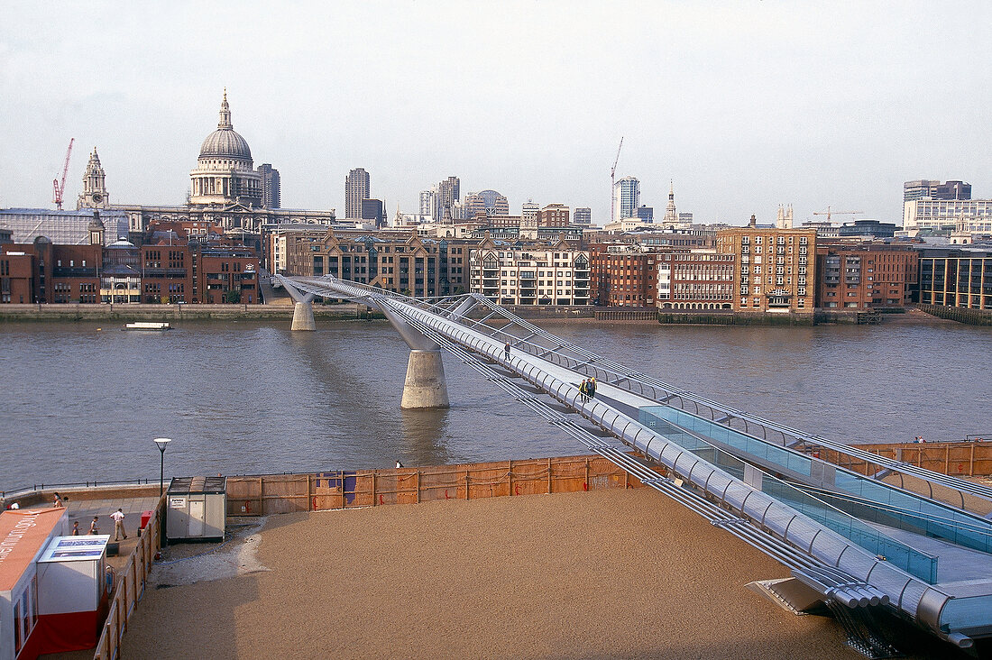 View of Millennium bridge and river Thames in London, UK