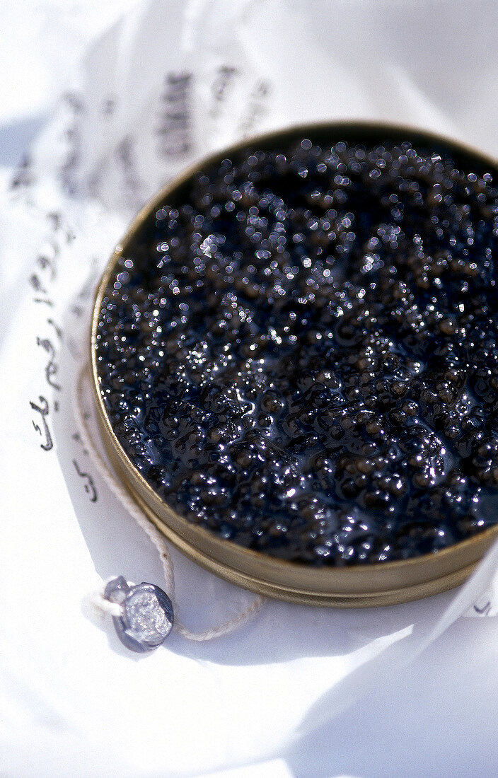 Close-up of Iranian caviar in container