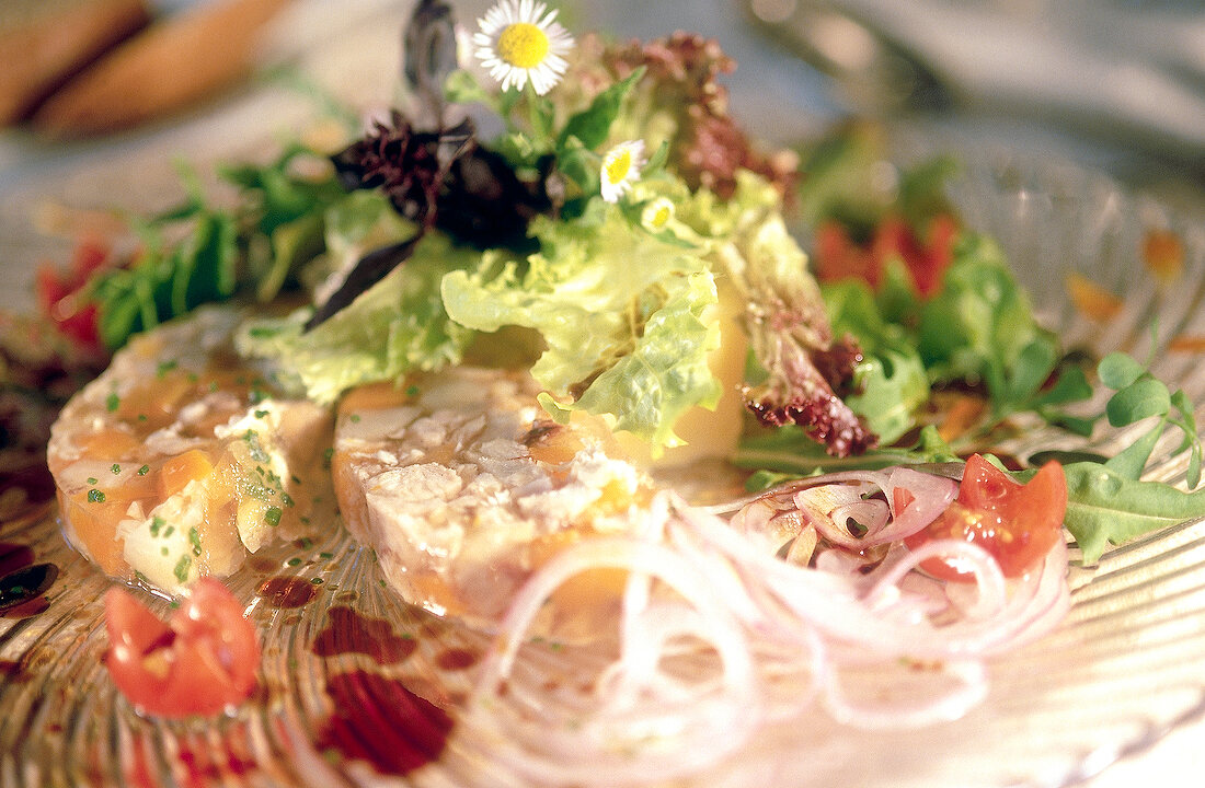 Close-up of meat aspic with salad