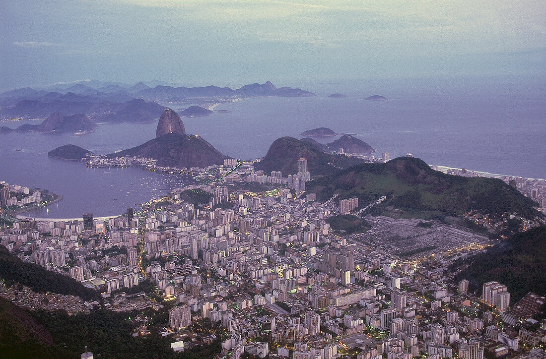 Aerial view of cityscape of Rio de Janeiro at dusk, Brazil