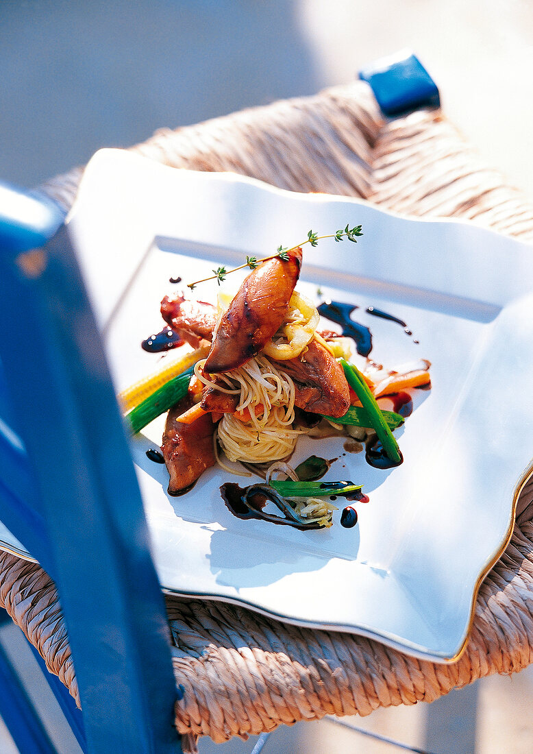 Close-up of chicken teriyaki on white plate on a garden chair