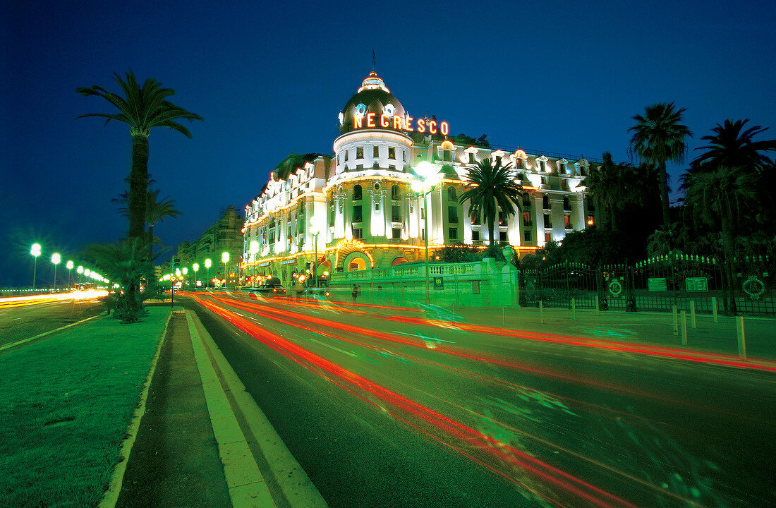 View of Negesco Hotel at night in Nice, France