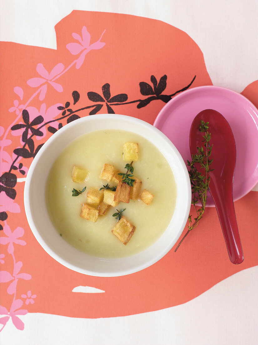 Wirsingcreme-Suppe mit Croûtons in weißer Schale, roter Suppenlöffel