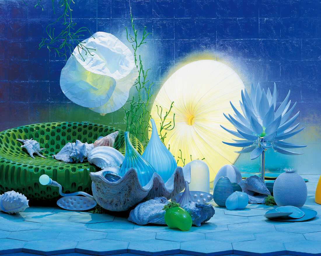 Room in shades of blue still life under water, digital composite