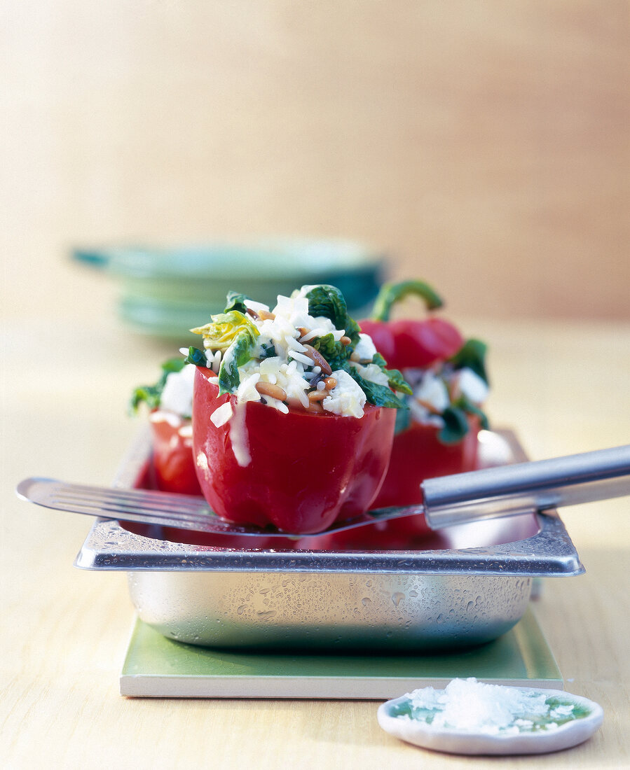 Stuffed peppers on stainless steel tray