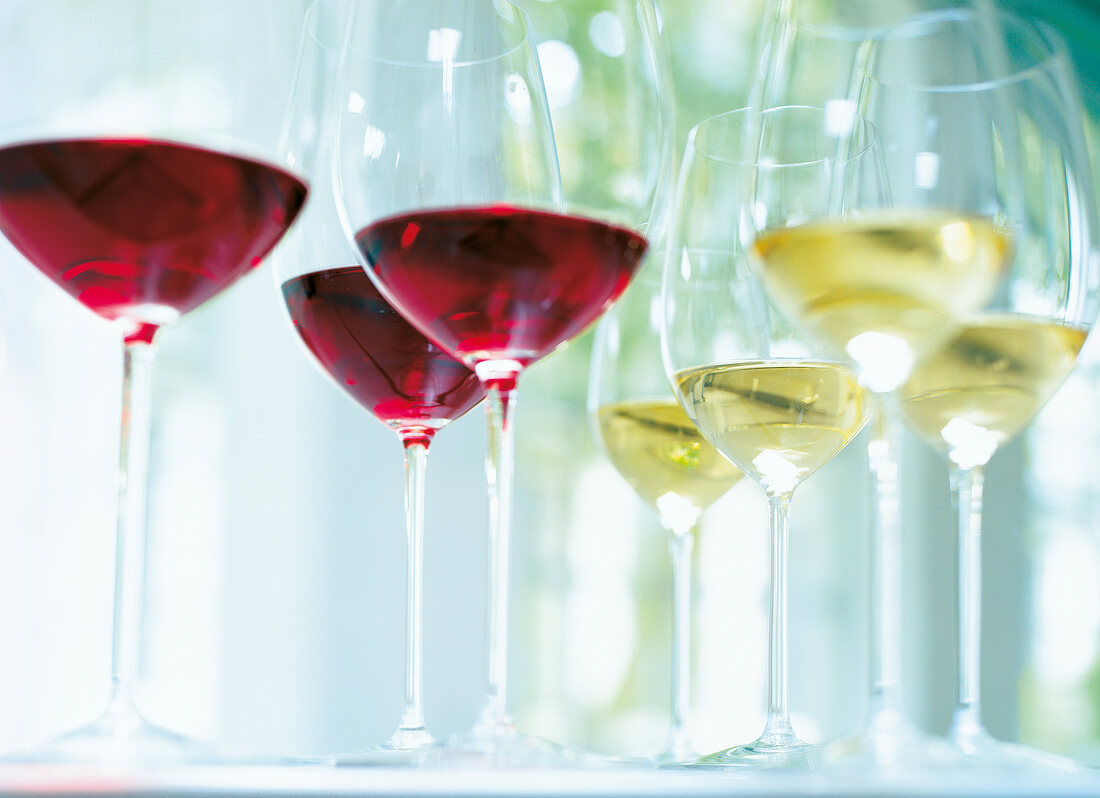 Close-up of glasses with red and white wine