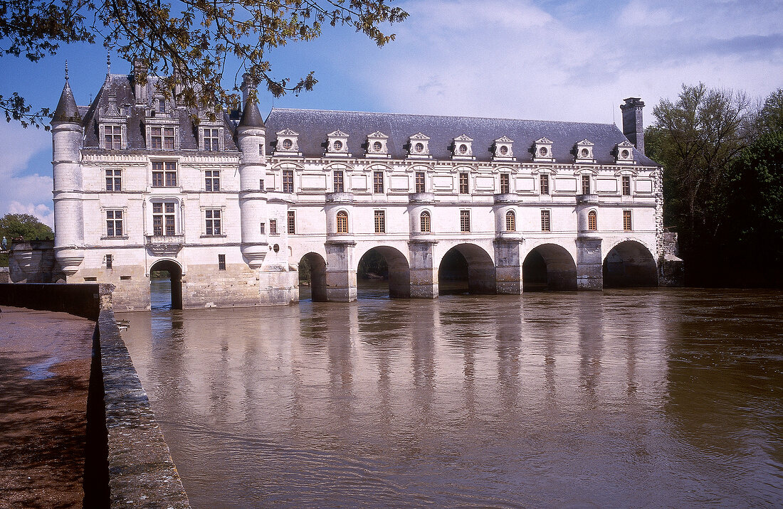 View of Chateau de Chenonceau castle on Cher River, France