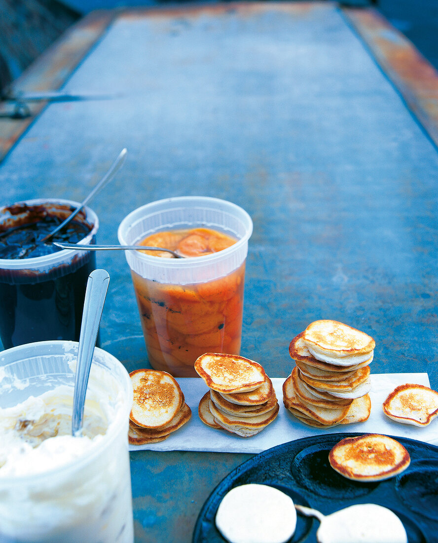 Ingredients to make pancakes on table