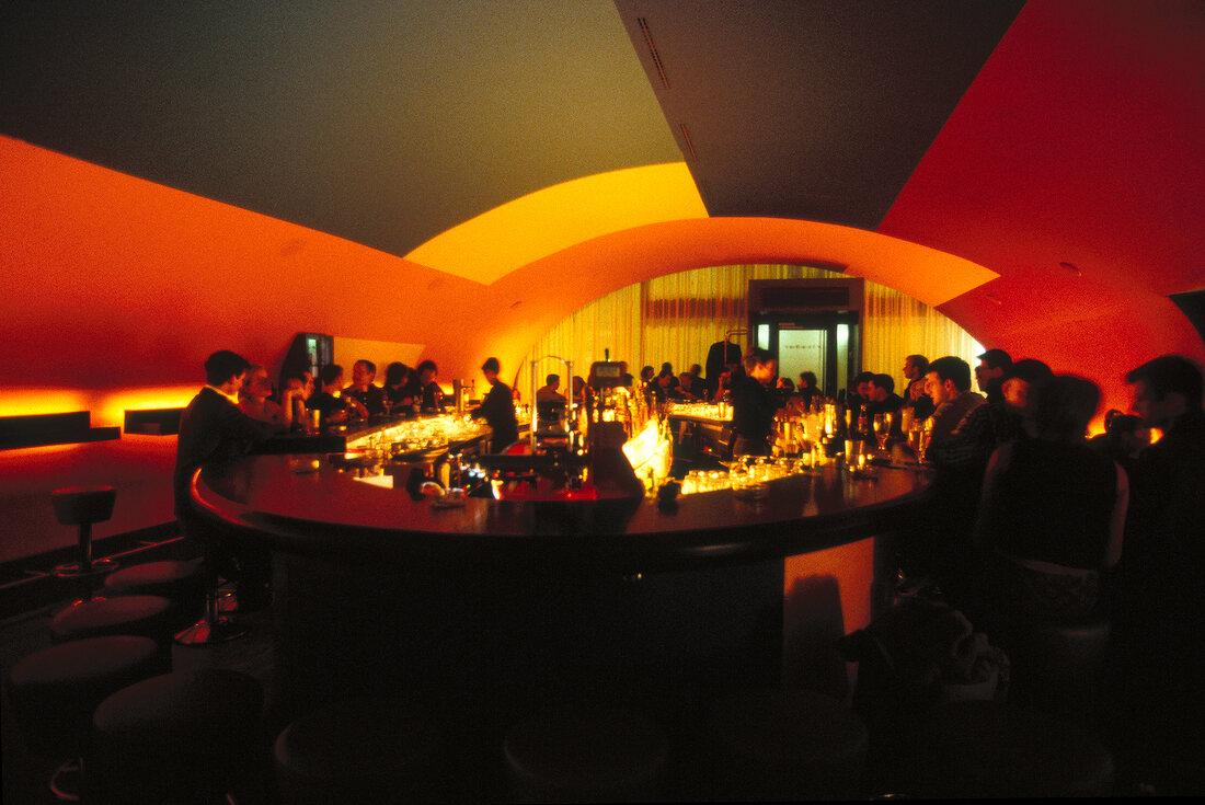 Guests at counter in Rivabar, Berlin, Germany