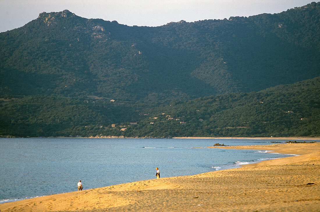 Strand bei Propriano auf Korsika mit bewaldeter Küste im Hintergrund