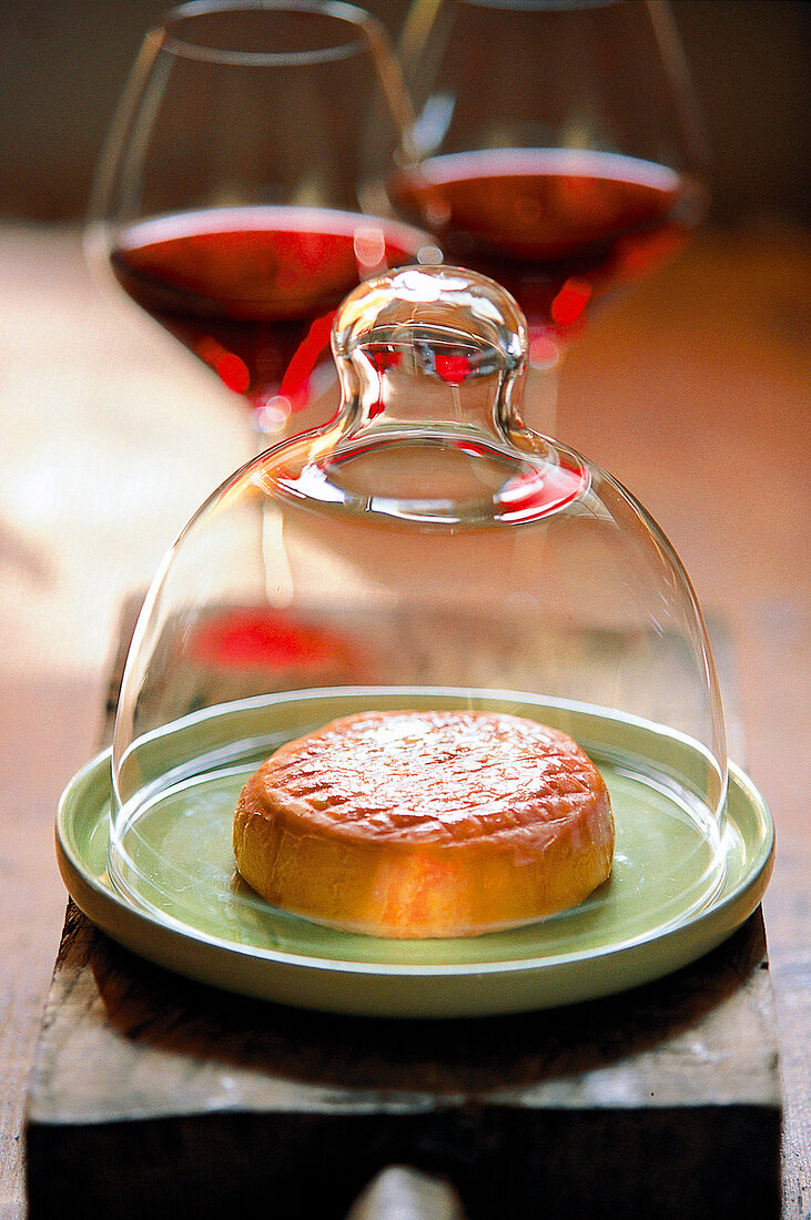 Ein Stück Fromage Epoisses unter der Käseglocke, zwei Gläser Rotwein