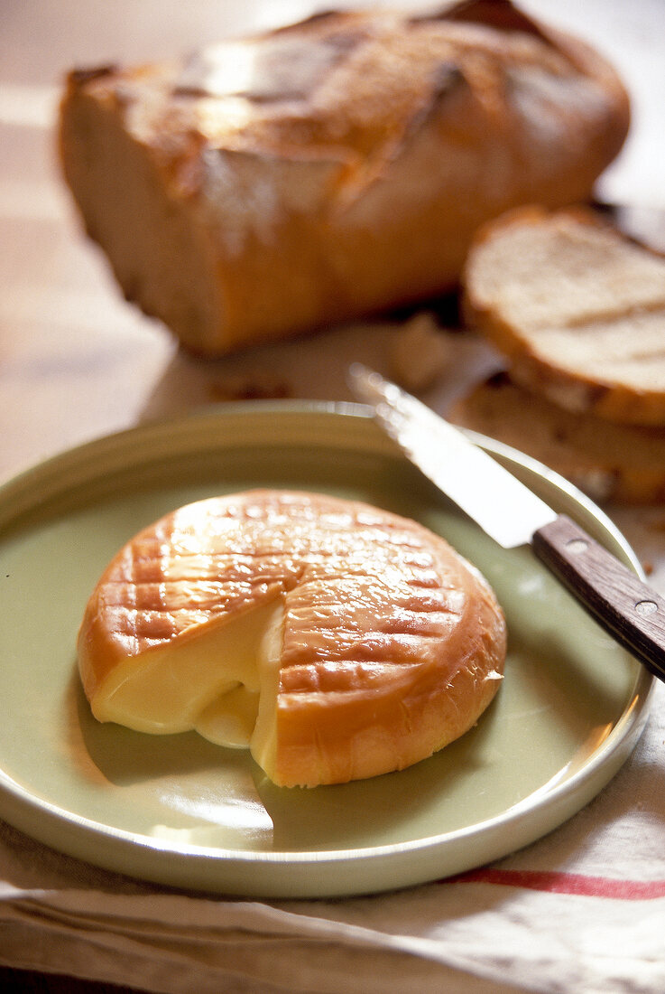 Ein angeschnittener Epoisses Käse auf einem Teller, dazu Brot