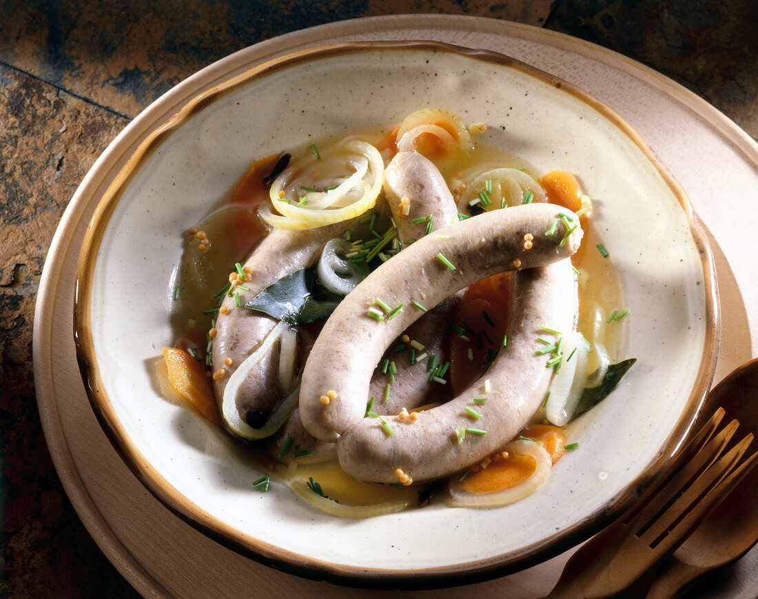 Pork sausages on plate, Franconia