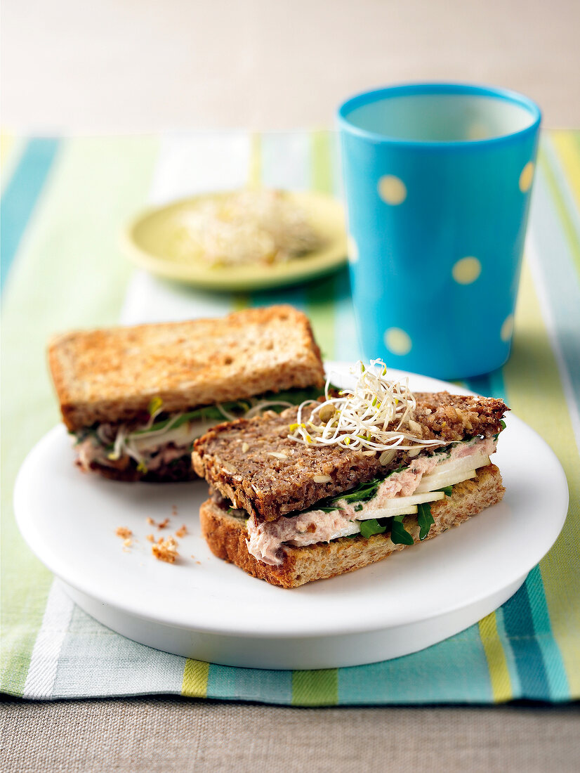 Tuna sandwich on white plate