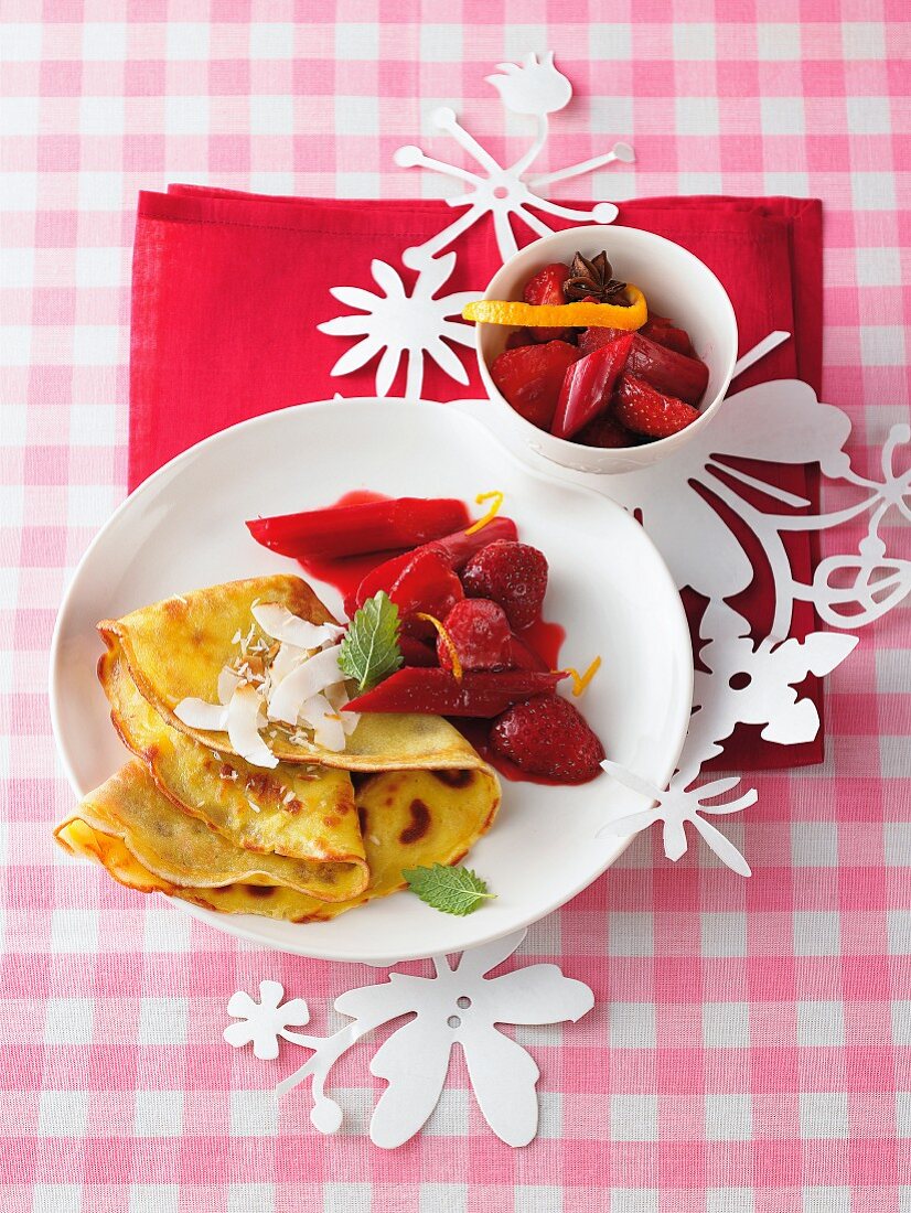 Coconut crepes with strawberry and rhubarb compote