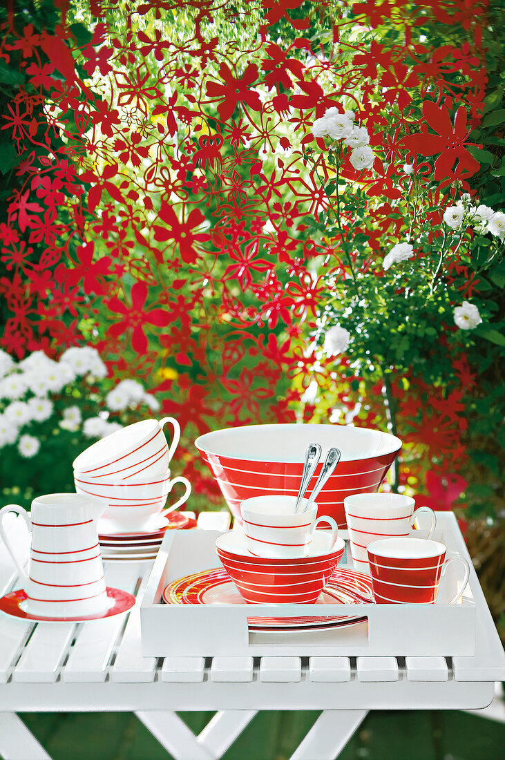 White and red striped crockery on table