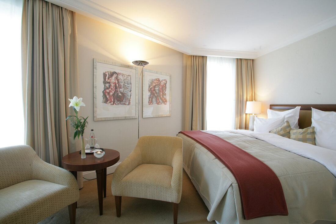 Interior of bedroom in Dorint Sofitel Maison Messmer, Baden-Baden, Germany