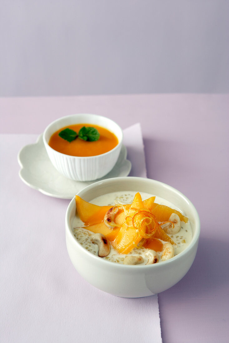 Nut bulgur with mango puree in bowl