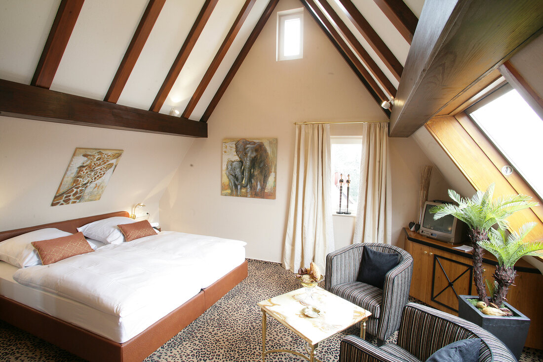 Interior of bedroom in attic of hotel, Germany