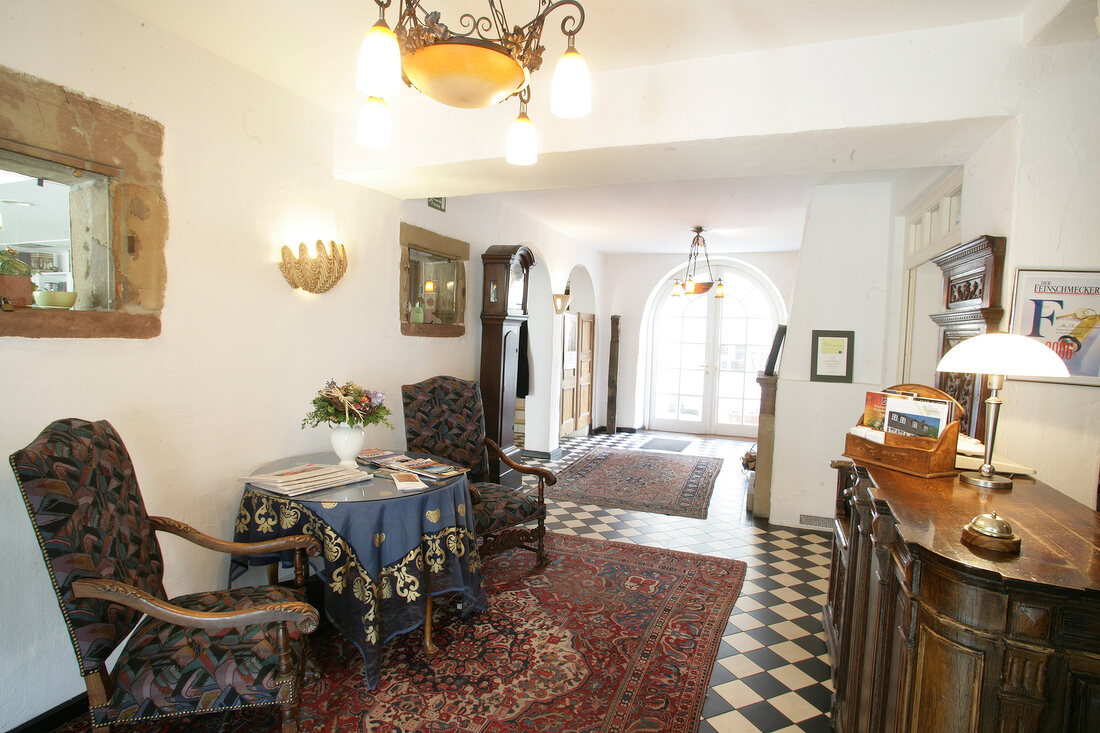 Interior of hotel with reception counter, Germany