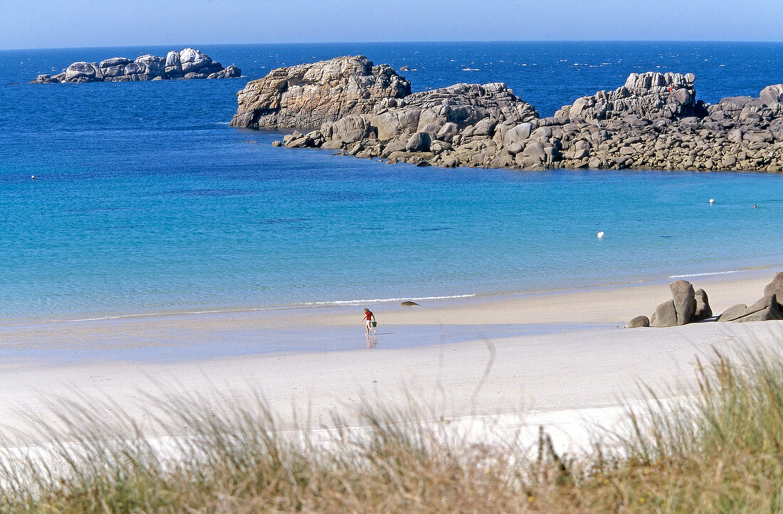 View of beach, graas and rocks in Cleder, Brittany, France