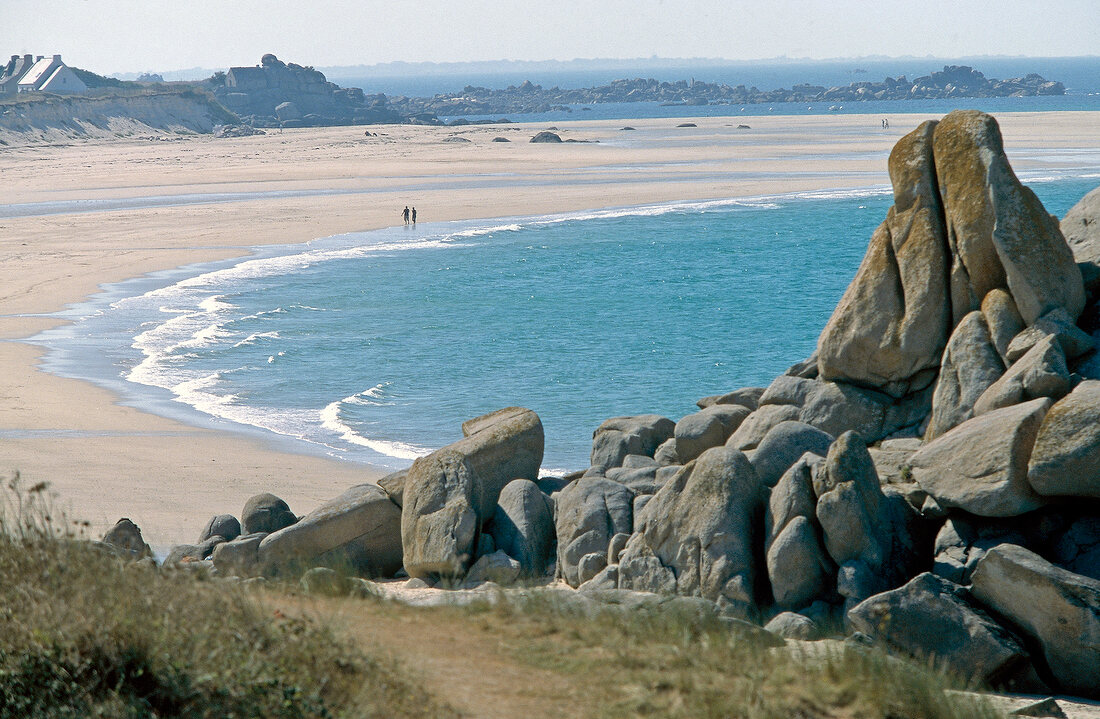 View of rocks overlooking the beach in Santec, Brittany, France