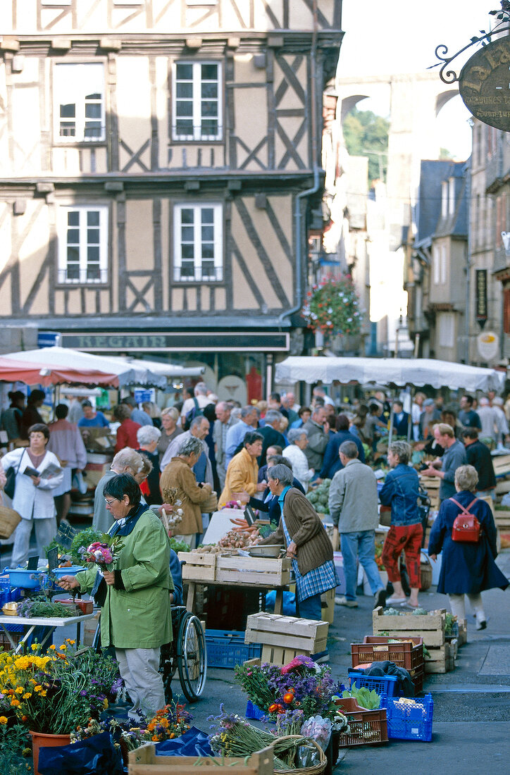 View of people in market at Morlaix, Brittany, France