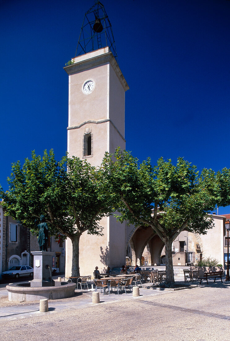 Clock tower at village square in Montpeyroux, Languedoc, France