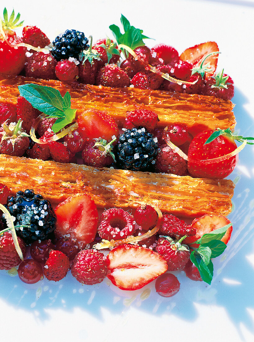 Close-up of mille-feuille with fresh berry fruits