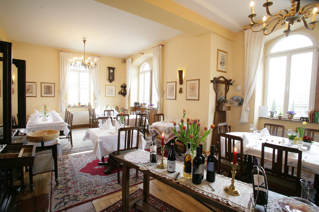 Interior of restaurant with laid tables in Germany