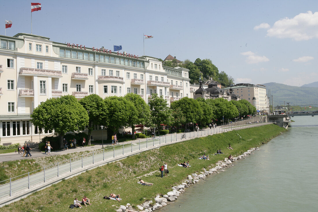 Exterior view of hotel near seaside with tree line, Austria