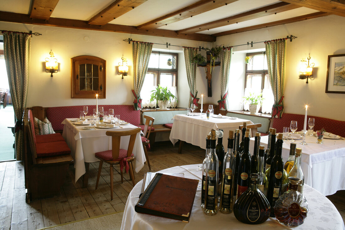 Wines on table in restaurant, Austria