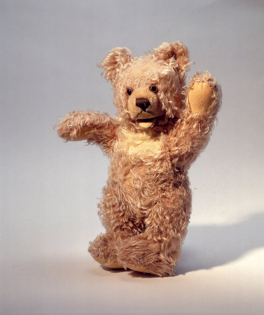 Teddy Bear with raised paw on white background