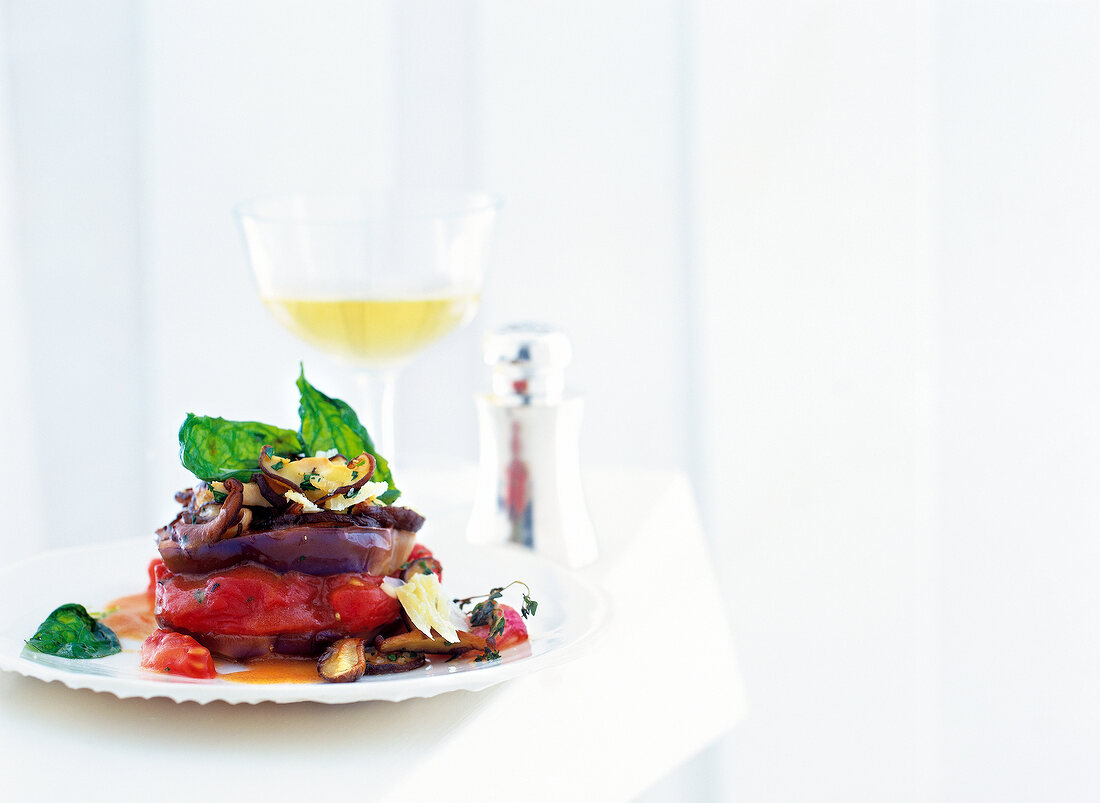 Eggplant with shiitake mushrooms on plate