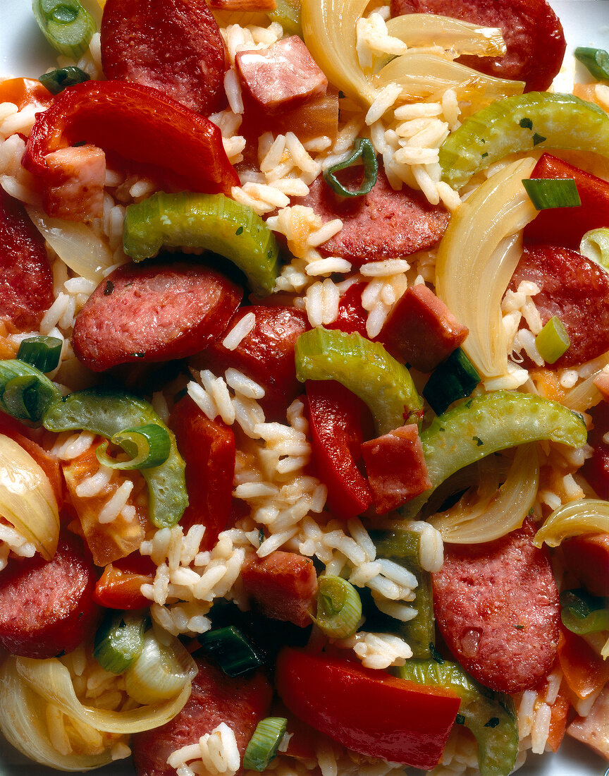 Close-up of creole stew with sausages and ham jambalaya